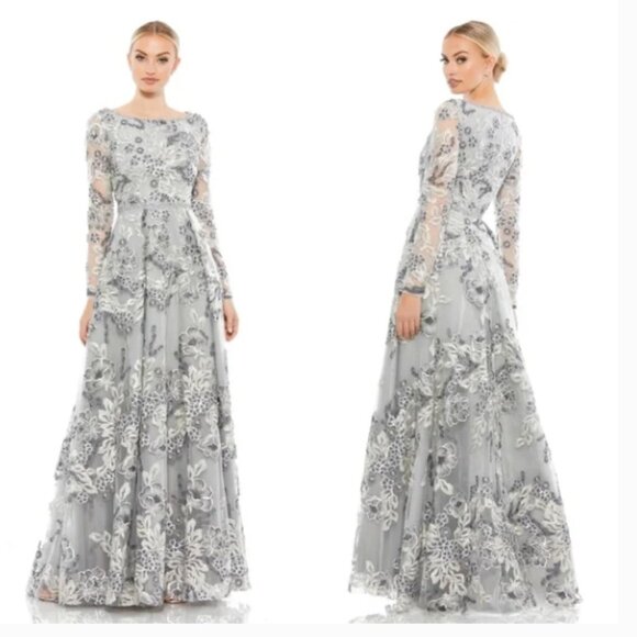 MAC DUGGAL 11185 FLORAL EMBELLISHED ILLUSIONS A-LINE PLATINUM GOWN sz 10 - Picture 1 of 5